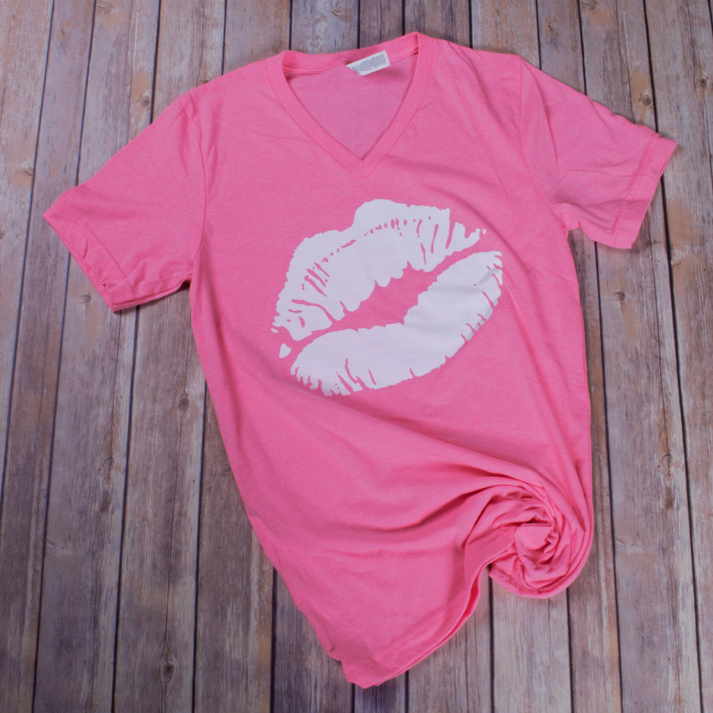 Valentine Lips Tee -- Neon Pink VNeck