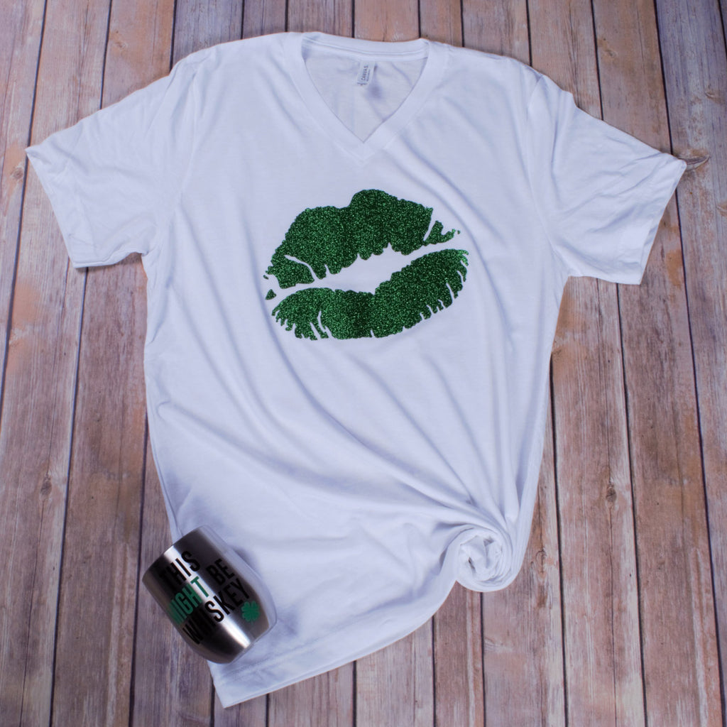 St. Patrick's Glitter Lips Tee -- White VNeck