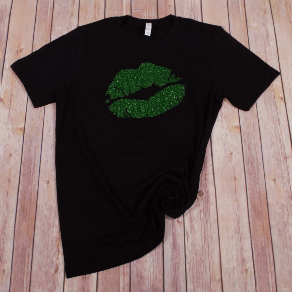 St. Patrick's Glitter Lips Tee -- Black