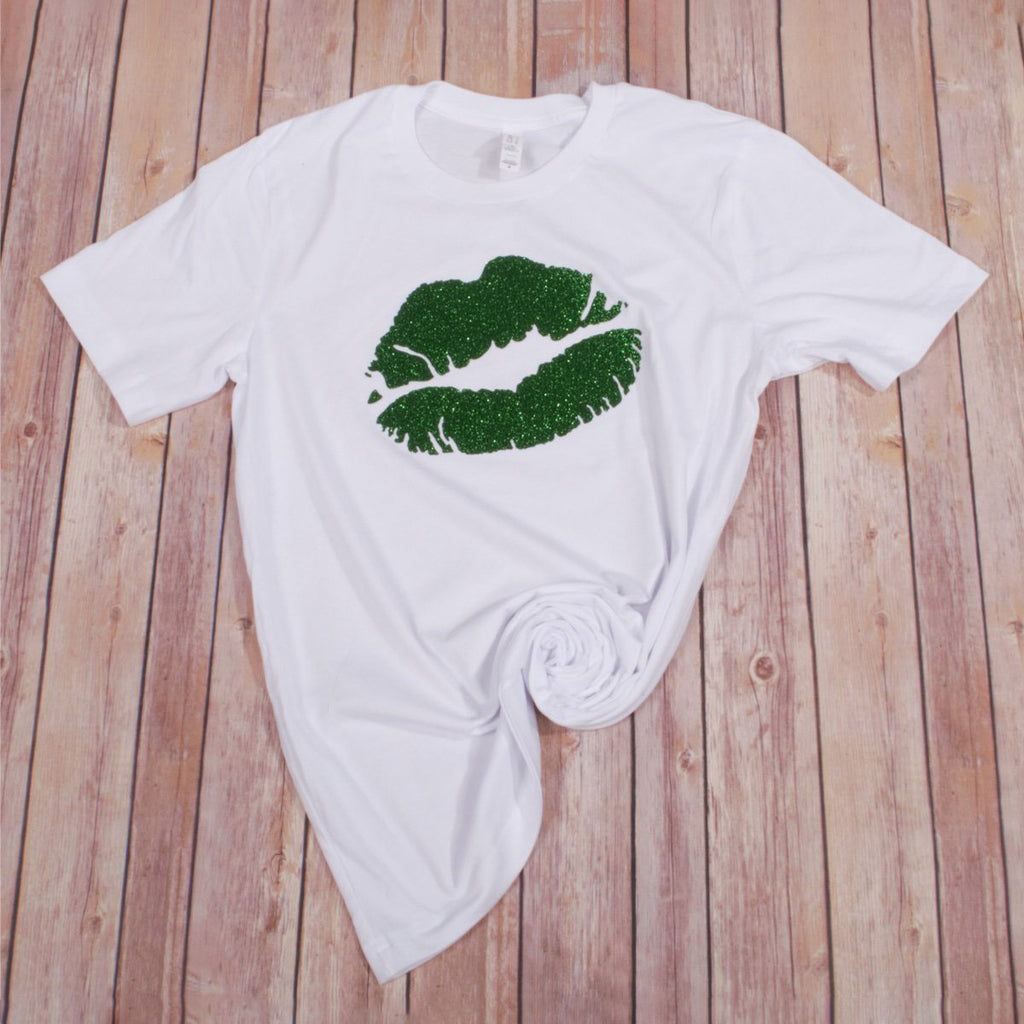 St. Patrick's Glitter Lips Tee -- White