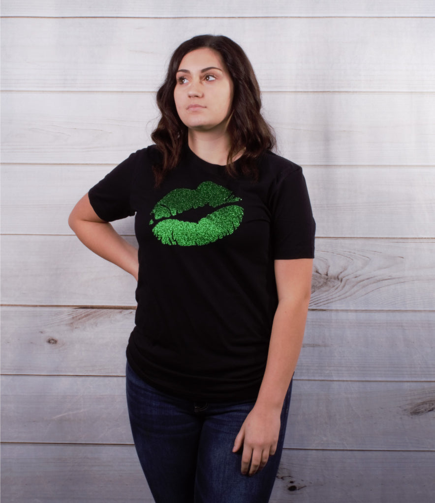 St. Patrick's Glitter Lips Tee -- Black