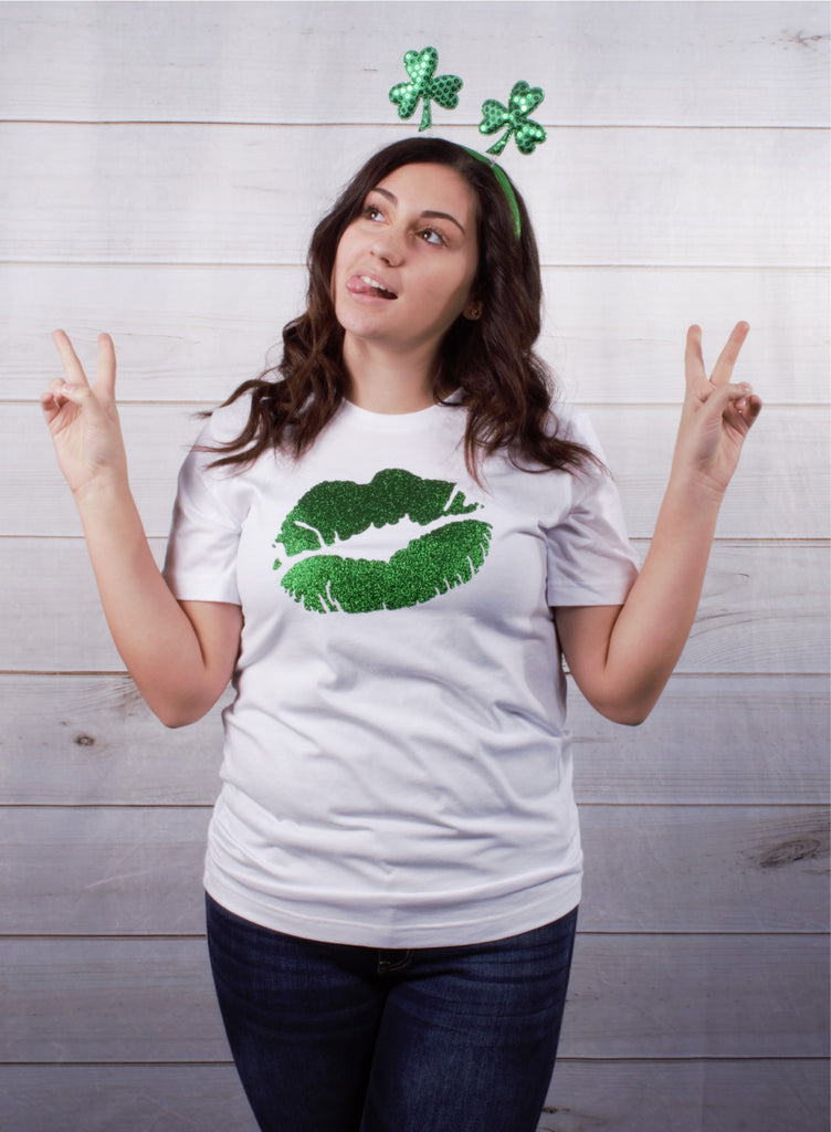 St. Patrick's Glitter Lips Tee -- White